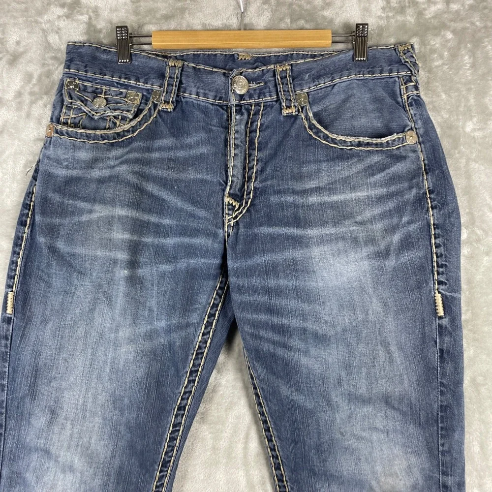 True Religion Straight Jeans Mens 36 Blue Pre-owned Thick Stitch Flap
